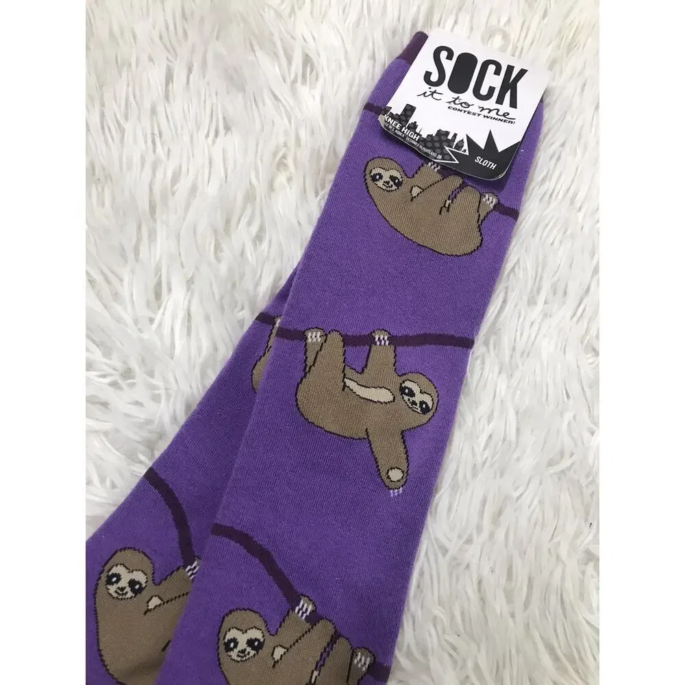 NWT SOCK IT TO ME SLOTH KNEE HIGH SOCKS DERBY STYLISH PURPLE CUTE SLOW WAVE
